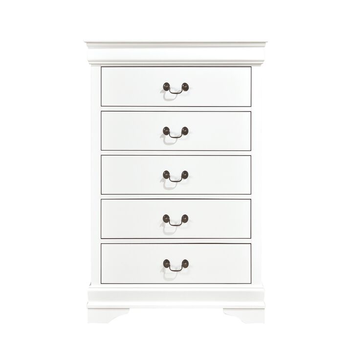Vele 49 Inch Tall Dresser Chest, 5 Drawers, Brass Tone Metal, White Wood - Benzara