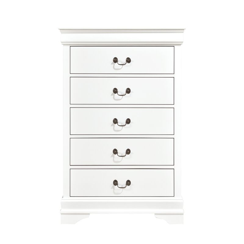 Vele 49 Inch Tall Dresser Chest, 5 Drawers, Brass Tone Metal, White Wood - Benzara