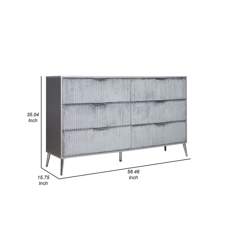Benjara, Gray, Nickel Moko 58 Inch Wide Dresser, 6 Soft Upholstered Drawers