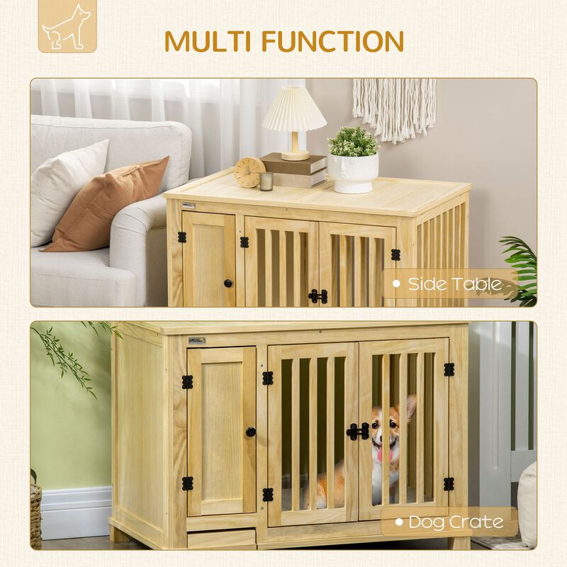Natural Pet Furniture: Stylish Wooden Dog Crate with Cushion & Drawer