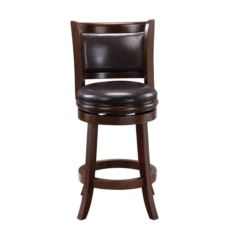 Pal 24 Inch Swivel Counter Stool, Solid Wood, Faux Leather, Cappuccino Brown - Benzara