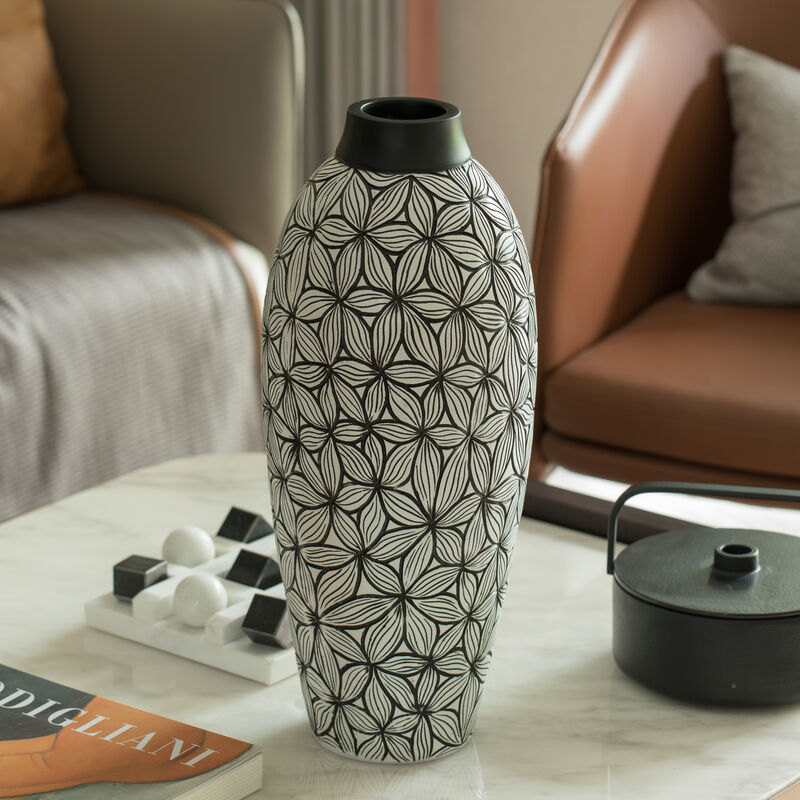 Timeless Flower-Inspired Ceramic Vase - Unique White 7-Inch-Dia Round Table Decor for Entryway, Dining Room, Living Room - Classic White Pottery - Elegant Home Accent with Chic Floral Touch