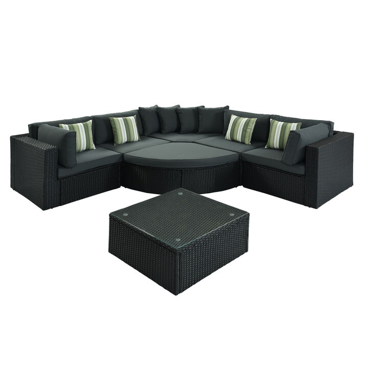 Whisen Outdoor Wicker Sofa Set, Rattan Sofa Lounger, With Striped Green Pillows, Conversation Sofa - Gray