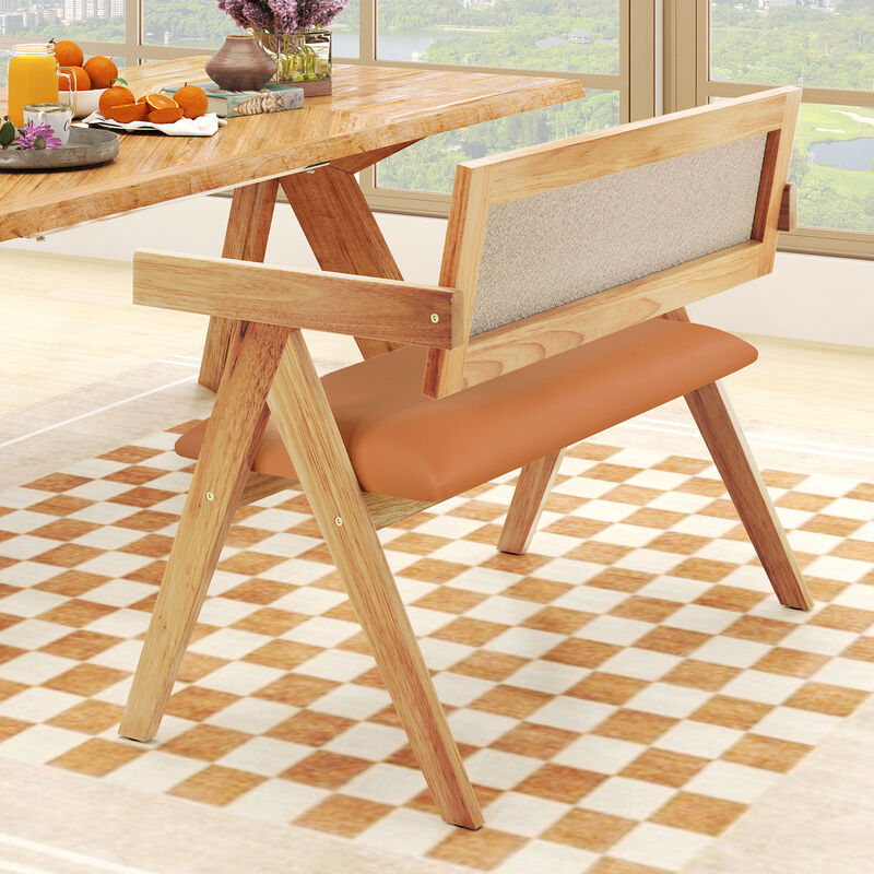 Rubber Wood Dining Bench with Armrest Sherpa Upholstered Backrest and Soft-padded Seat