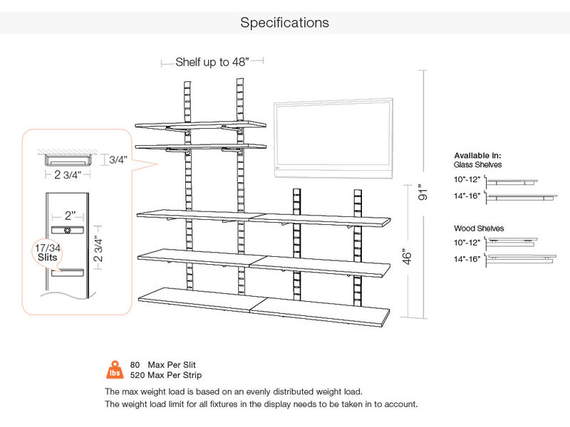 Trendy  Living Room Shelving System 91" & 46" High with 8 Glass Shelves 48" Length 14"-16" Width | 3 Sections- Shelves Sold Separately