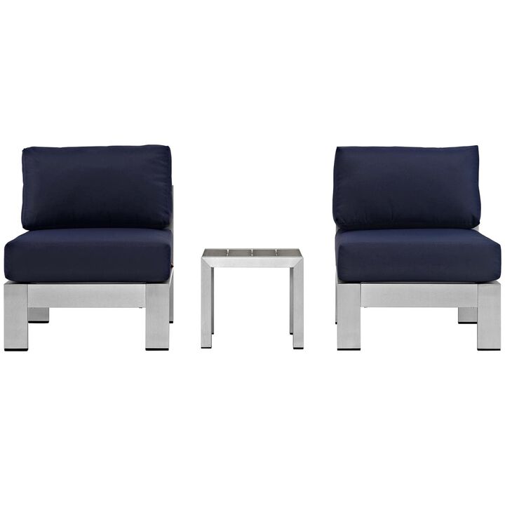 Shore 3 Piece Outdoor Patio Aluminum Sectional Sofa Set - Silver Navy