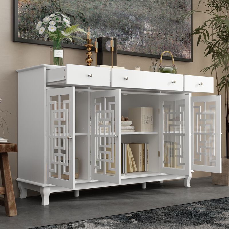 FUFU&GAGA White Buffet Cabinet with Storage & Drawers, MDF & Tempered Glass Construction (55.1" W x 35.4" H x 15.7" D), White