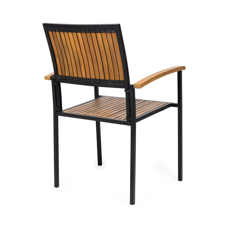 Side Dining Chair Set of 2, Outdoor Slatted Brown Acacia Wood, Black Iron - Benzara