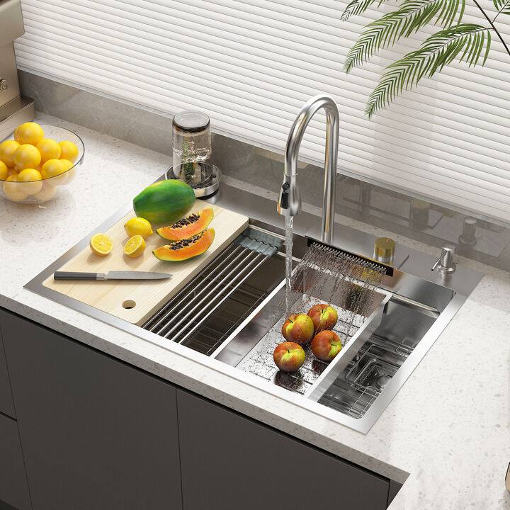 FUFU&GAGA Premium 304 Stainless Steel Bathroom Sink with Accessories, ( 33.2" W x 22.7" D x 8.9" H),Silver