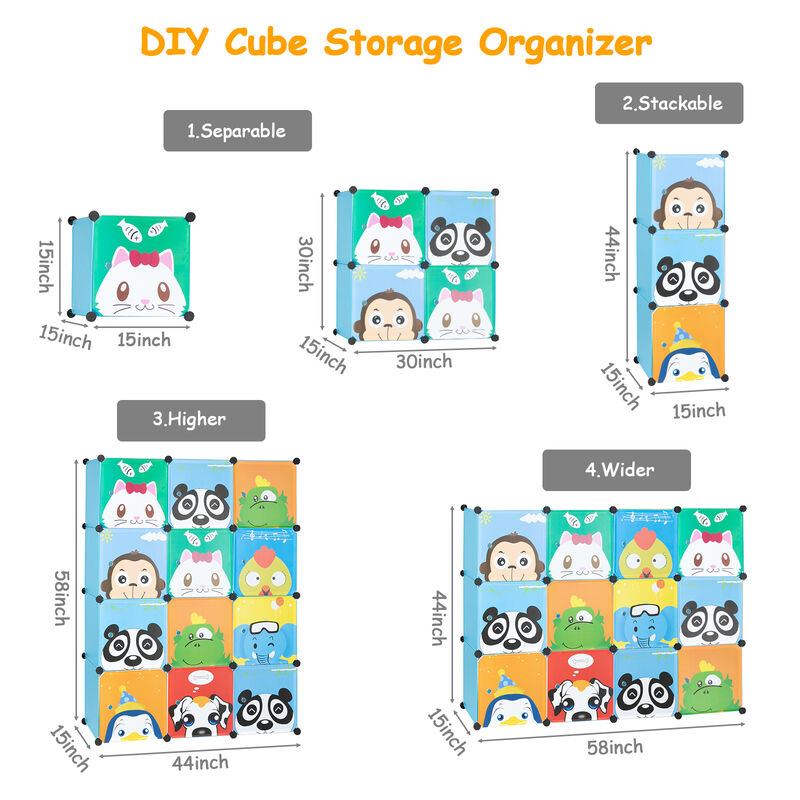 12-Cube Magic Wardrobe with 2 Hanging Rods, Plastic & Steel Wire Storage Cabinet with Animal Print Doors