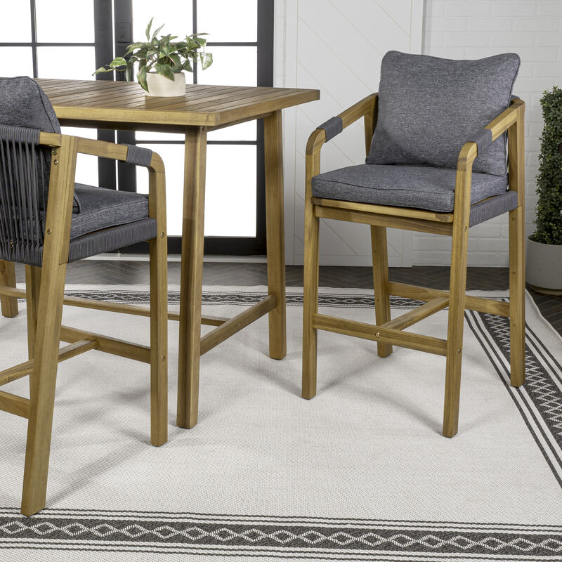 Porto Modern Coastal Tub Roped Acacia Wood Outdoor Bar Stool with Cushions and Armrests