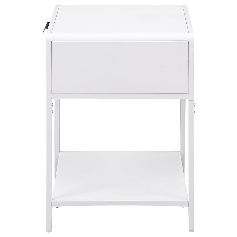 Lanie Bedside Table with Drawer and Open Shelf, PE Cane, White Metal - Benzara