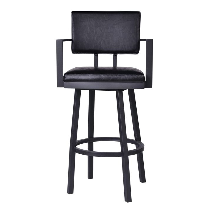 Lumbar Back Faux Leather Barstool with Stainless Steel Legs and Arms, Black-Benzara