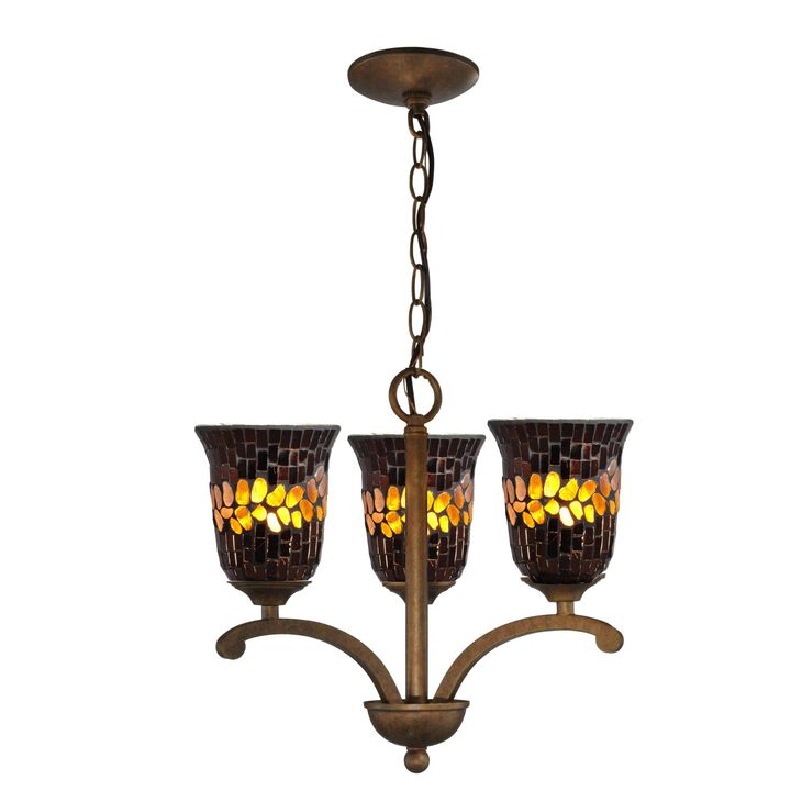 17.5" Amber and Brown Shell Contemporary Mosaic 3-Light Glass Chandelier
