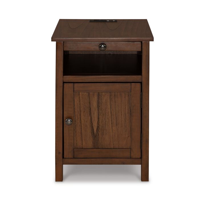Gena Side End Table, Shelf and Pull Out Tray, Brown Solid Wood 24 Inch - Benzara