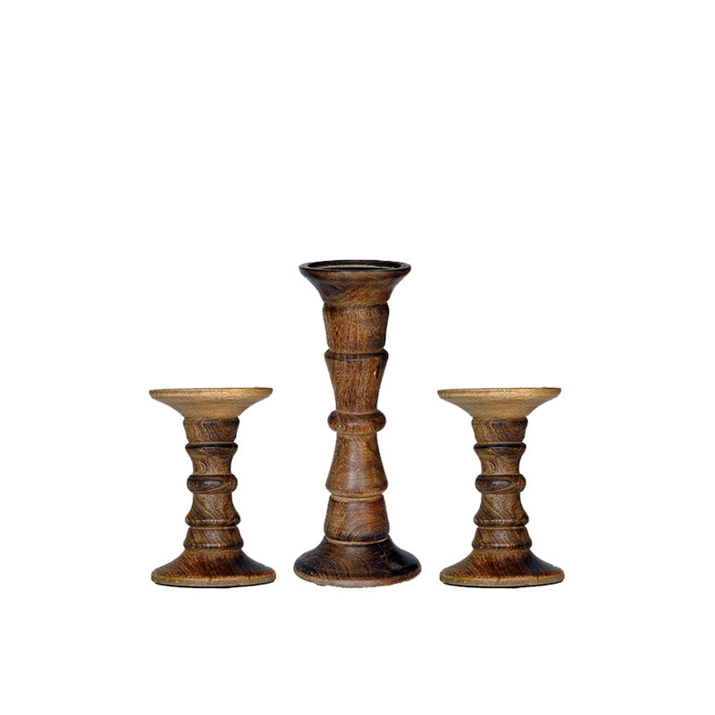 Traditional Medium Burnt Eco-friendly Handmade Mango Wood Set Of Five 6",9",12",9" & 6" Pillar Candle Holder BBH