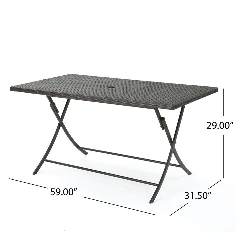 Outdoor Rectangle Foldable Dining Table, 59 Inch, Iron, Multibrown Wicker  - Benzara