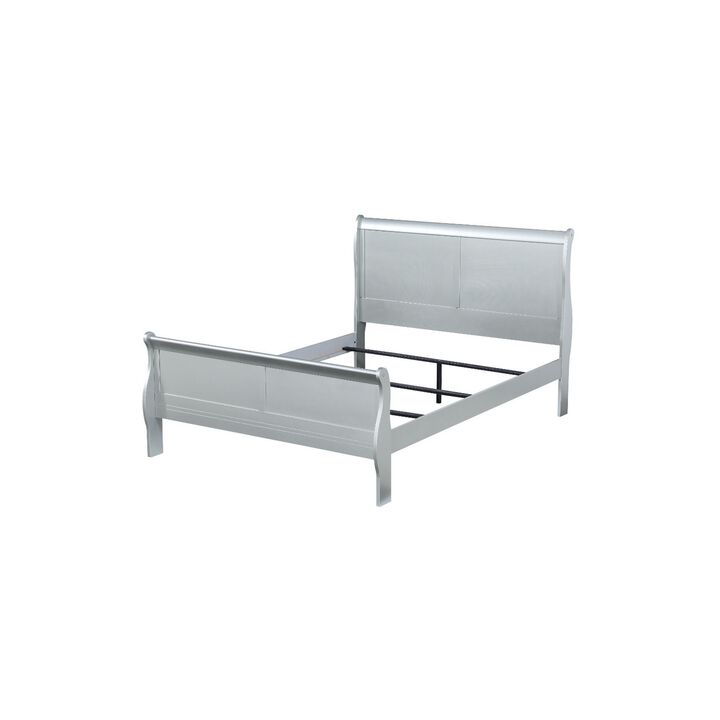 Wooden Queen Size Bed with Sleigh Headboard and Footboard, Silver-Benzara