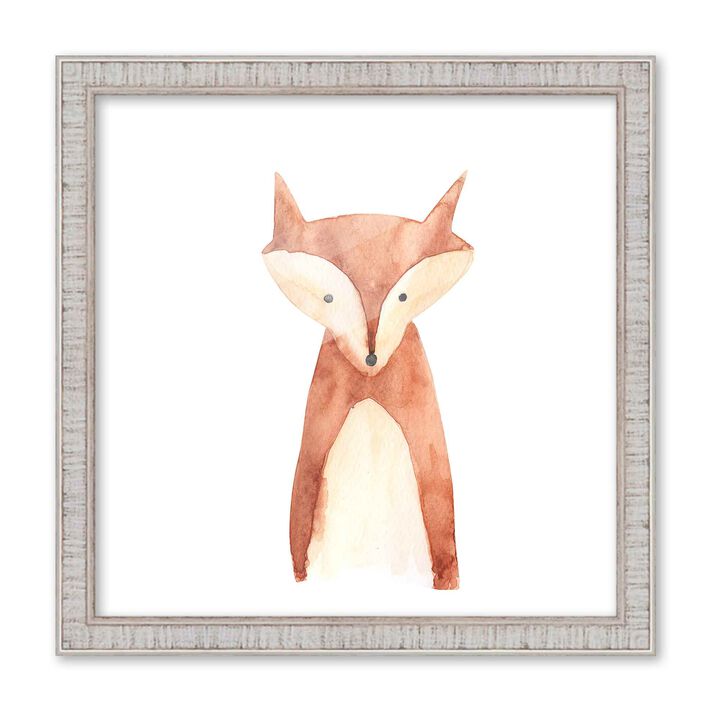 10x10 Framed Nursery Wall Art Watercolor Fox Poster in Rustic White Wood Frame For Kid Bedroom or Playroom