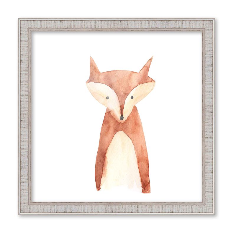 10x10 Framed Nursery Wall Art Watercolor Fox Poster in Rustic White Wood Frame For Kid Bedroom or Playroom