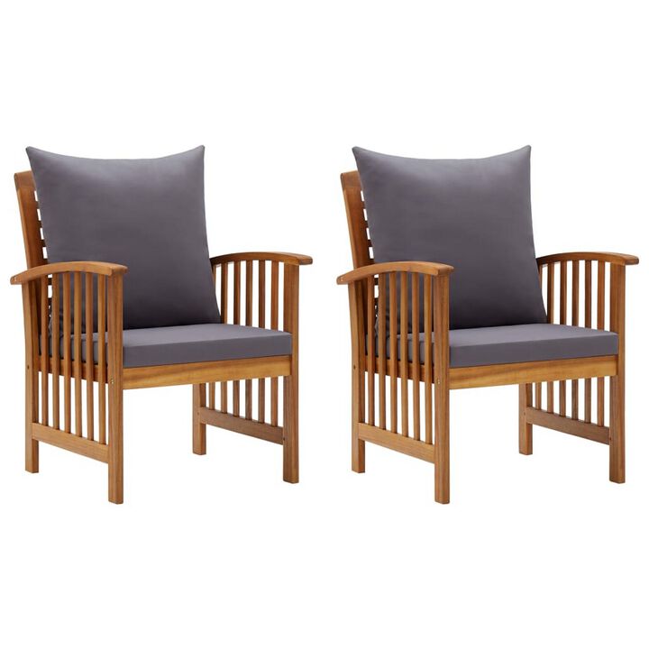 Mia Outdoor Patio Chair Set of 2, Gray Cushions, Slatted Acacia Wood - Benzara