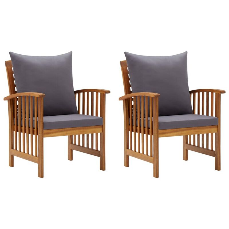 Mia Outdoor Patio Chair Set of 2, Gray Cushions, Slatted Acacia Wood - Benzara