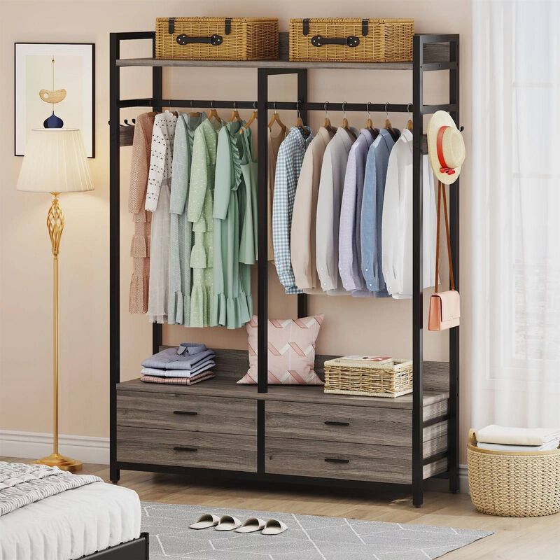 Hivvago Modern Grey Black Garment Rack with Clothes Hanging Rod and 4 Storage Drawers