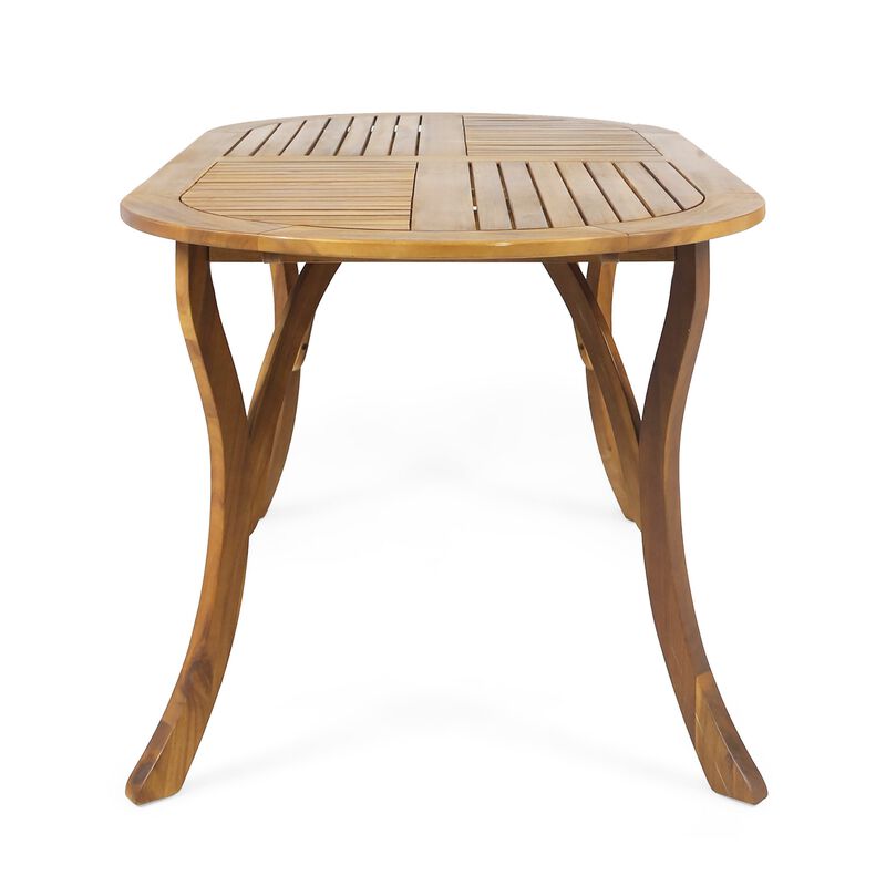 Outdoor Dining Table, 70 Inch Slat Style Oval Top, Teak Acacia Wood - Benzara