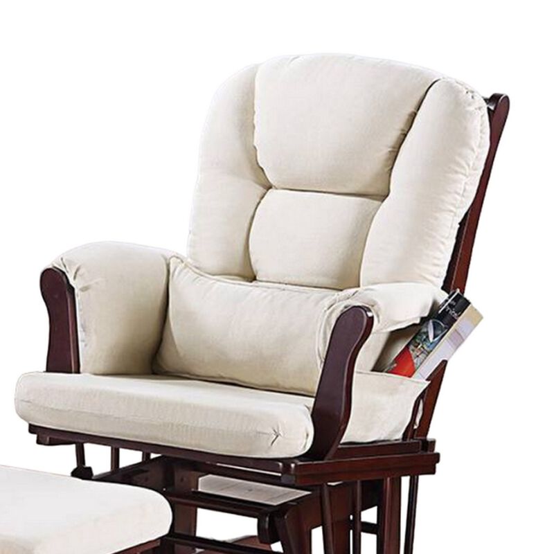 Noni Glider Manual Recliner Chair w Ottoman, Brown Wood, Square Beige - Benzara
