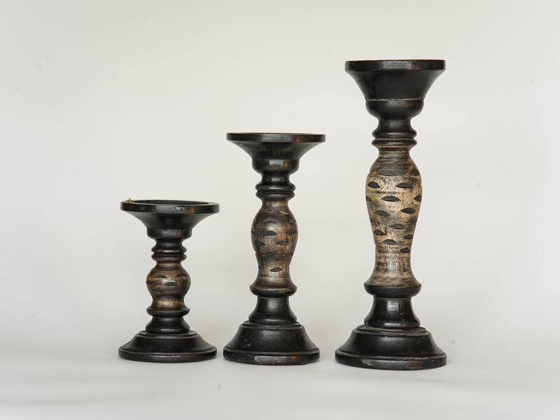 Traditional Dark Polish Eco-friendly Handmade Mango Wood Set Of Three 6",9" & 12" Pillar Candle Holder BBH Homes