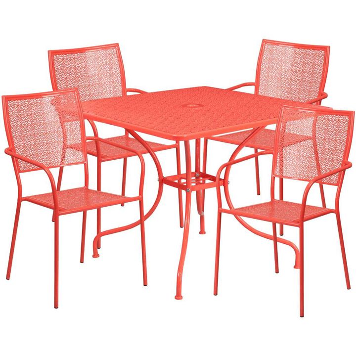 Flash Furniture Oia Commercial Grade 35.5" Square Coral Indoor-Outdoor Steel Patio Table Set with 4 Square Back Chairs