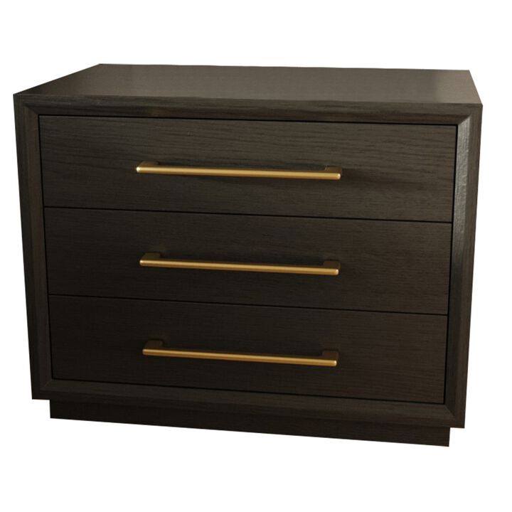 Cid Mizo 32 Inch Nightstand, 3 Drawers, Gray Solid Wood, Sturdy Plinth Base-Benzara
