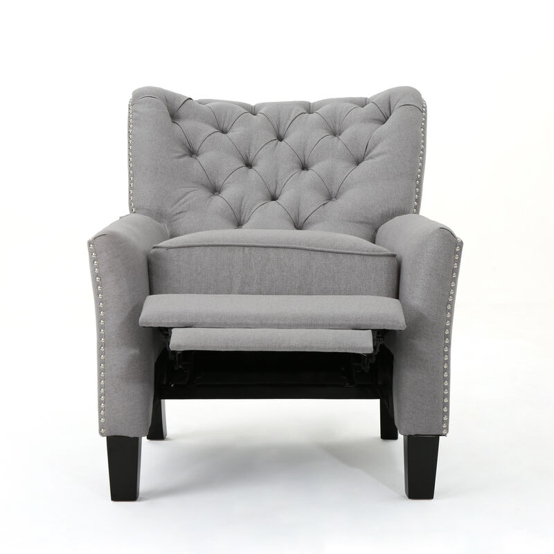 Push Back Recliner Chair, Modern Rivet Design Ergonomic, Light Gray Fabric - Benzara