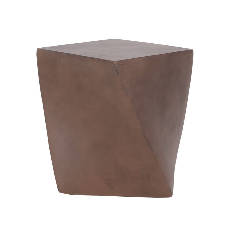 Outdoor Side End Table, Twisted Cube Shape Brown Faux Concrete 21 Inch - Benzara