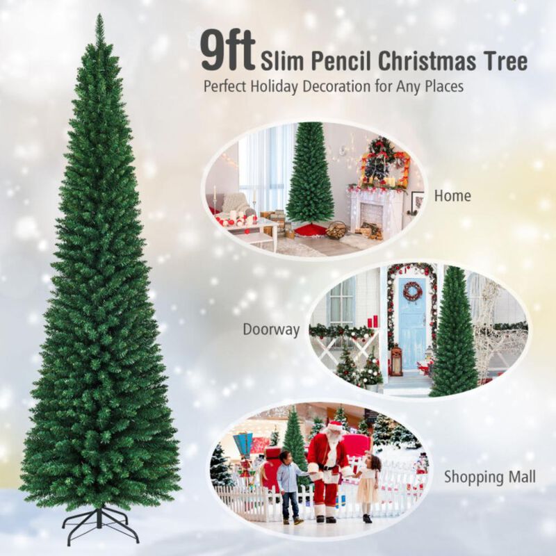 Hivvago 5/6/7/8/9 Feet PVC Artificial Slim Pencil National Christmas Tree with Metal Stand