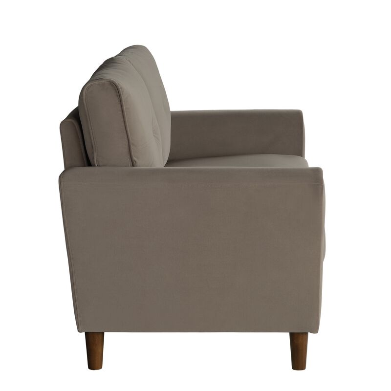 Sarah 57 Inch Loveseat, Brown Velvet, Tufted, Reversible Cushions, Wood - Benzara