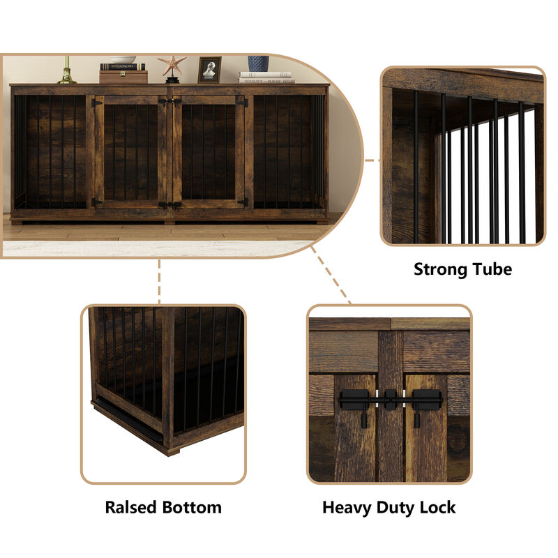 Tiger Skin Dog Crate Furniture for 2 Dogs, 71 in. Heavy-Duty Wooden Dog Crate with Trays & Divider for Large Medium Dogs