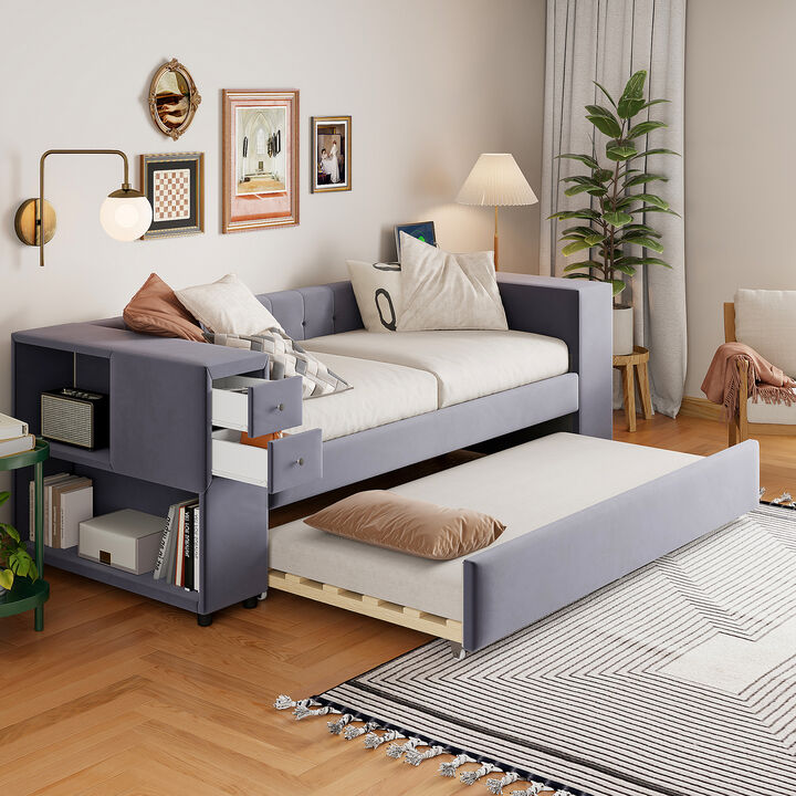 Merax Upholstered Bed with Trundle and USB Charging Ports