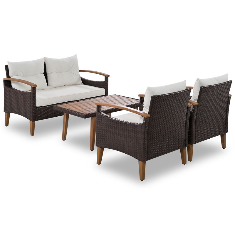 4-Piece Garden Furniture, Patio Seating Set, PE Rattan Outdoor Sofa Set, Wood Table And Legs