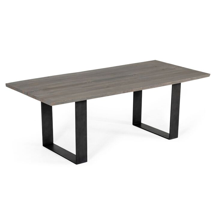 87 Inch Dining Table, Rectangular Top, Open Metal Panel, Gray Oak, Black - Benzara