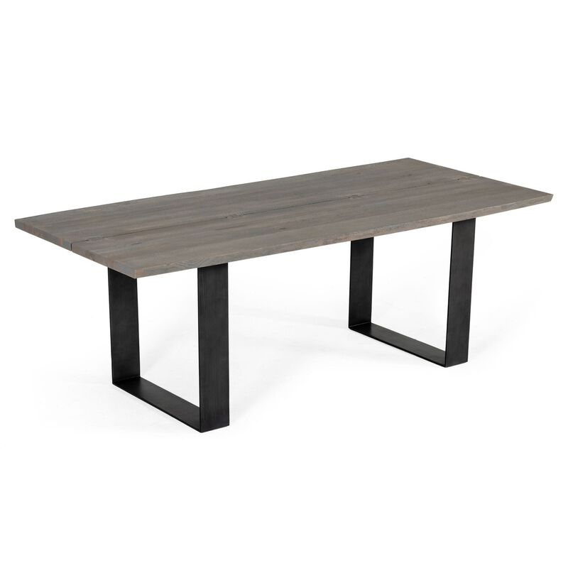 87 Inch Dining Table, Rectangular Top, Open Metal Panel, Gray Oak, Black - Benzara