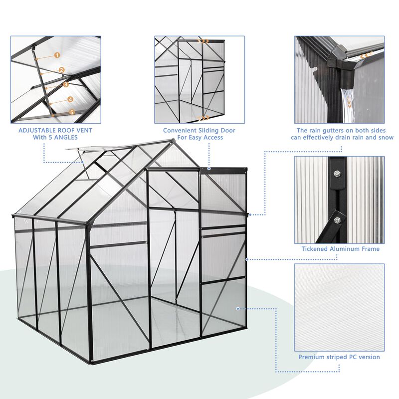 MONDAWE 6X6 FT Polycarbonate Greenhouse Raised Base and Anchor Aluminum Heavy Duty Walk-in Greenhouses for Outdoor Backyard in Black