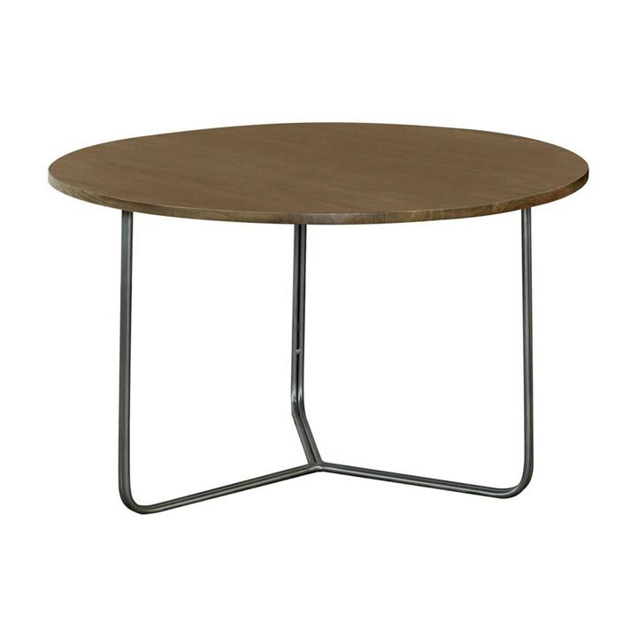 30 Inch Wood Round Accent Coffee Table with Triangular Base, Brown, Black - Benzara