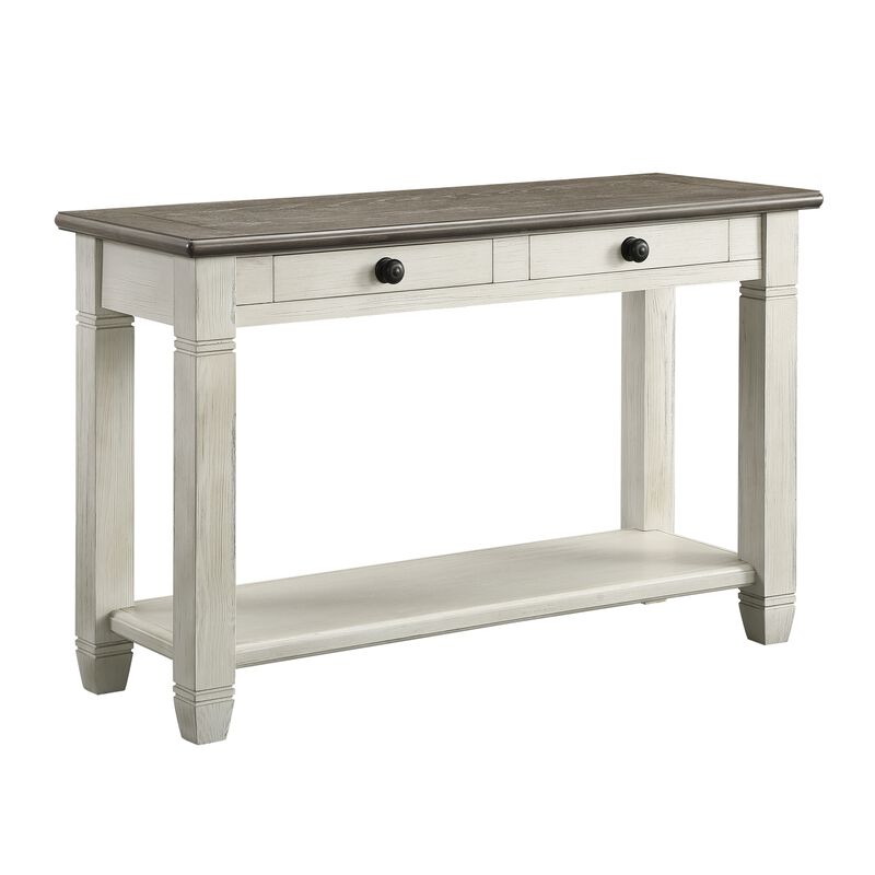 Rome 48 Inch Sofa Table, Rectangular, 2 Drawers, White, Brown, Solid Wood - Benzara
