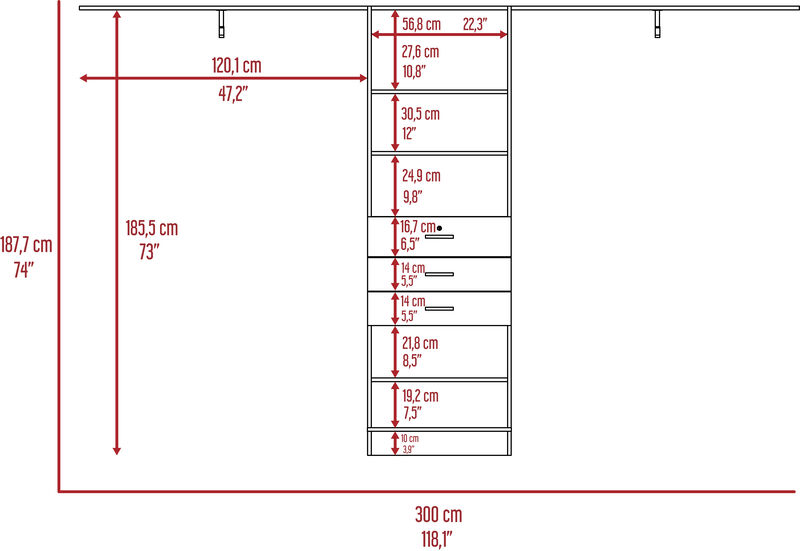 DEPOT E-SHOP Zamora 69"W - 118"W Closet System, Four Hanging Rods, Three Drawers, Five Shelves, Dark Walnut
