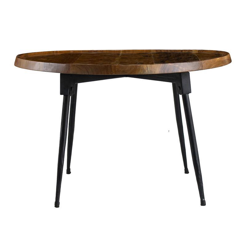 Benjara Aji 39 Inch Coffee Table, Oval Grain Acacia Wood Top, Metal Legs, Brown and Black