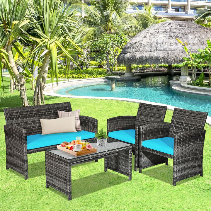4 Pcs Patio Rattan Furniture Set Top Sofa With Glass Table