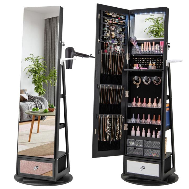 Hivvago Lockable 360Â° Swivel Jewelry Cabinet with Full-Length Mirror LED Lights
