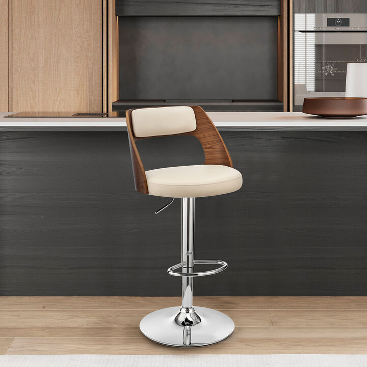 Paulo Adjustable Swivel Cream Faux Leather and Walnut Wood Stool with Chrome Base