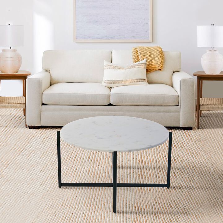 Ivy 30 Inch Marble Top Round Coffee Table with Metal Frame, White and Black-Benzara
